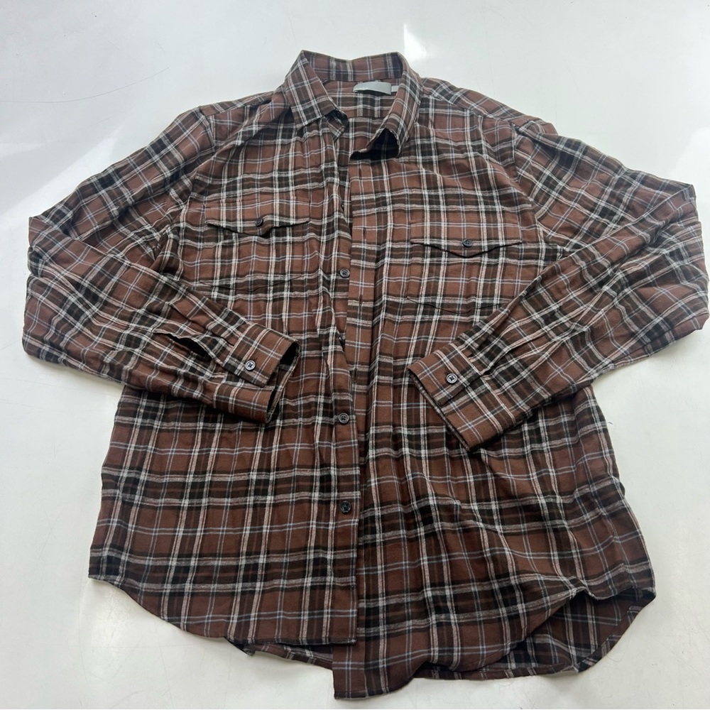 vince men’a brown flannel button down shirt L L98-10